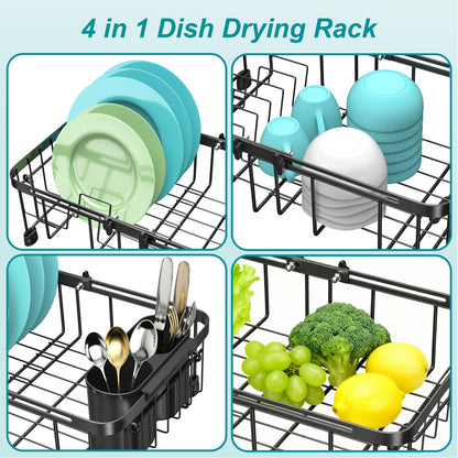 Ceecysaa Dish Drying Rack, Expandable Over The Sink Dish Drying Rack,Adjustable Dish Rack in Sink,Dish Drainer with Utensil Rack & Handle (30-42.5cm) for Kitchen Counter,Metal,Black