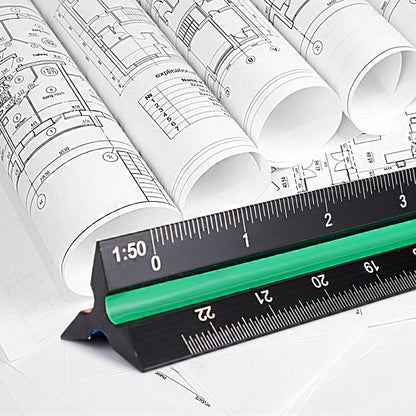 BTSKY 3 Pack 12 Inches Triangular Architectural Engineering Metric Scale Rulers with Standard Metric Conversion Ruler, Aluminum Scale Measuring Ruler Tool,Black with Red,Green,Blue