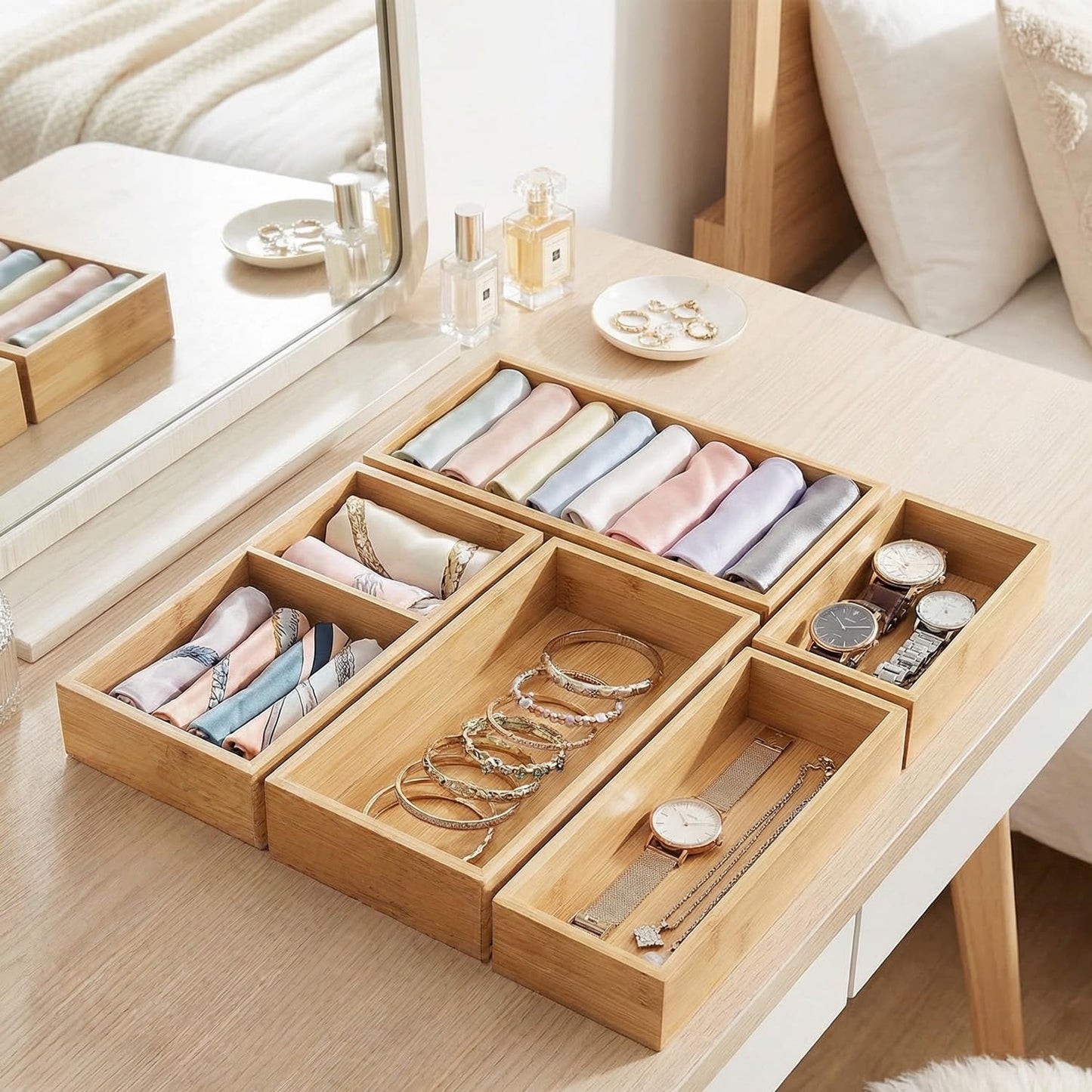 Acidea Bamboo Drawer Organizer Set, 5Pcs Multi-purpose Individual Storage Organizer, Junk Drawer Divider and Storage Trays Containers for Kitchen, Bathroom, Office Desk, Makeup, Jewelry, Utensils