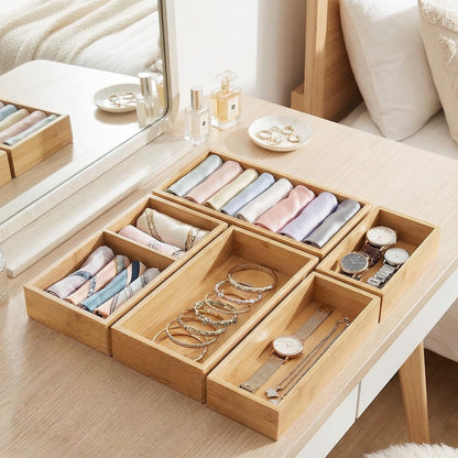 Acidea Bamboo Drawer Organizer Set, 5Pcs Multi-purpose Individual Storage Organizer, Junk Drawer Divider and Storage Trays Containers for Kitchen, Bathroom, Office Desk, Makeup, Jewelry, Utensils