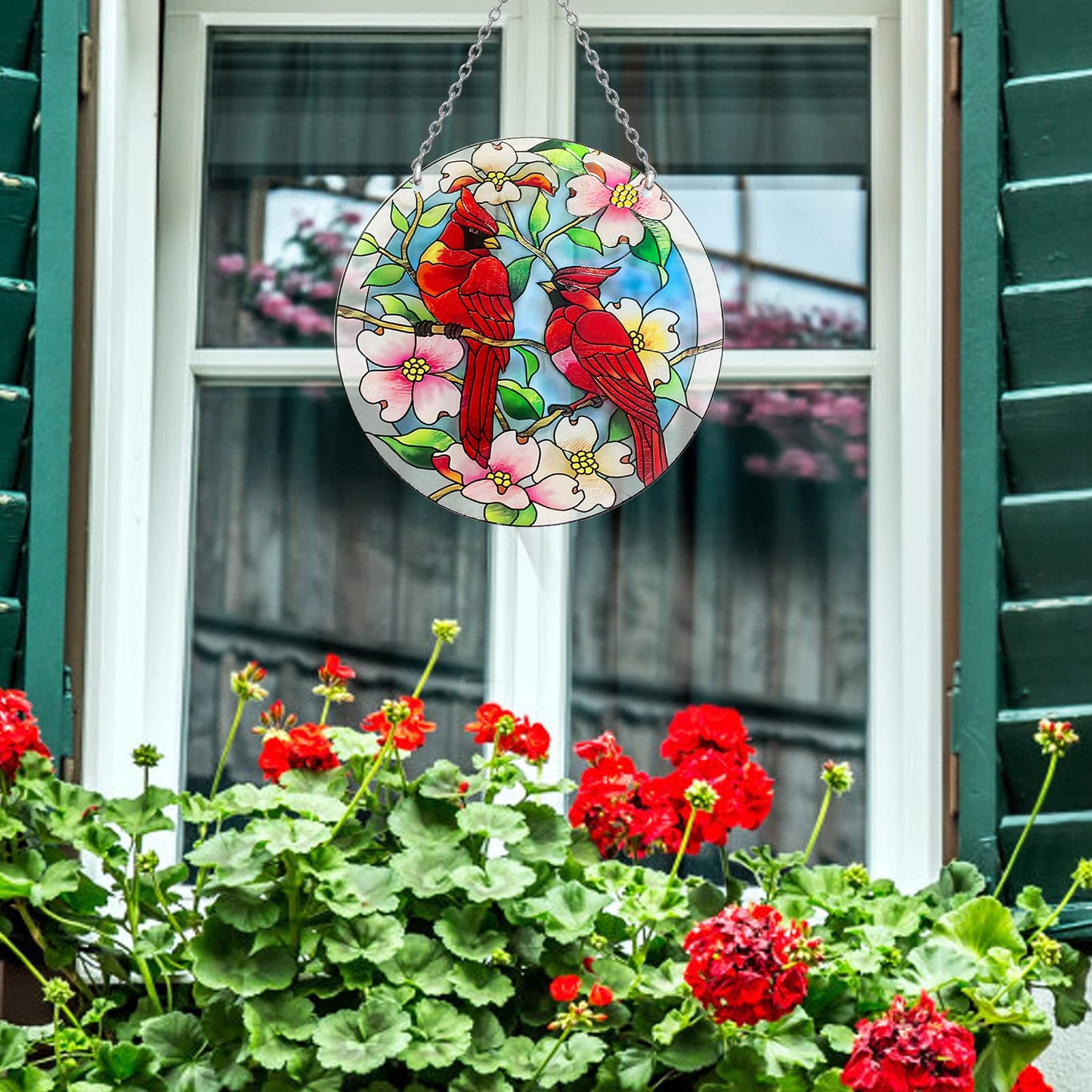 Cardinal Stained Glass Window Hanging - Cardinal Gifts for Women, Red Birds Suncatchers for Windows, American Glass Hanging Ornament, Hand Painted Glass for Birds Lover, Window