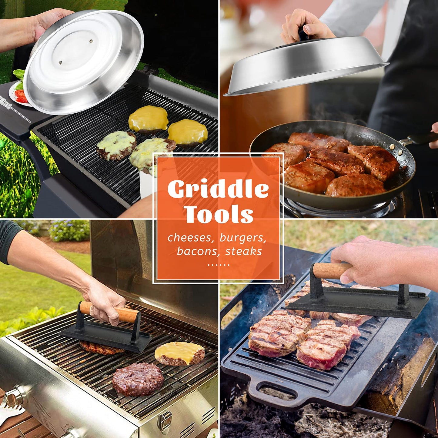 12In Cheese Melting Dome & 8x4In Cast Iron Grill Press, HaSteeL Stainless Steel Basting Cover with Heavy Duty Burger Bacon Press, Griddle Accessories for Teppanyaki Flat Top Stovetop Indoor & Outdoor