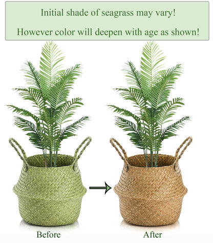 Yesland 2 Pack Woven Seagrass Plant Basket with Handles, Ideal Storage Plant Pot Cover for Laundry, Picnic, Beach Bag and Grocery Basket (L)