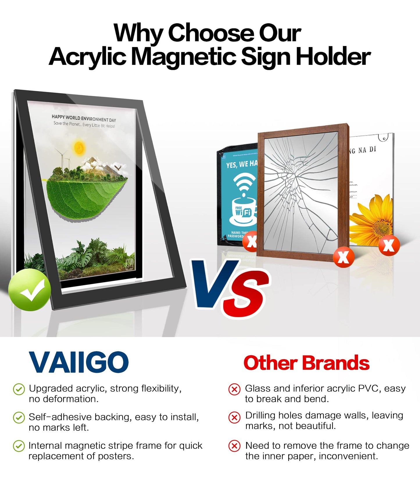 VAIIGO Acrylic Sign Holder 8.5" x 11", 3 Pack Self Adhesive Magnetic Wall Mount Sign Holder with Nano Tape and Magnetic Border, Horizontal or Vertical Sign Holder for Wall, Glass, Home, Store, Office