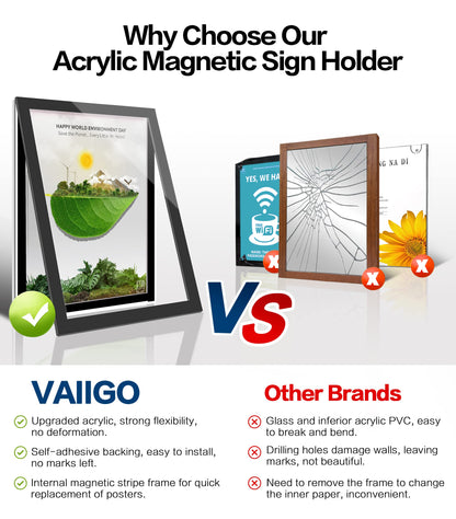 VAIIGO Acrylic Sign Holder 8.5" x 11", 3 Pack Self Adhesive Magnetic Wall Mount Sign Holder with Nano Tape and Magnetic Border, Horizontal or Vertical Sign Holder for Wall, Glass, Home, Store, Office
