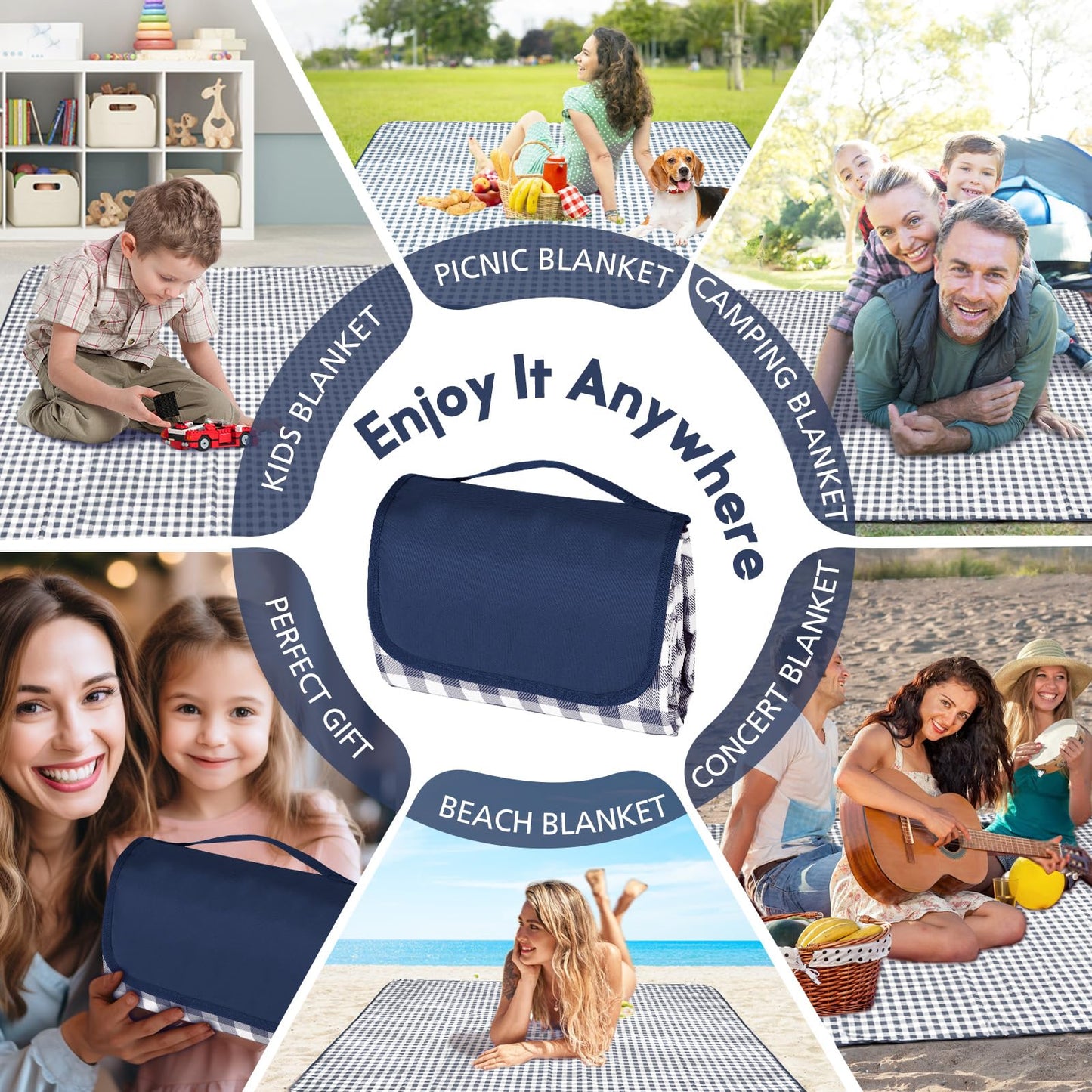 Anyiner Picnic Blanket Waterproof, 79"x79" Picnic Mat Camping Blanket, Sandproof Machine Washable with Carrying Handle for Outdoor Camping Beach Family Picnic (Blue)