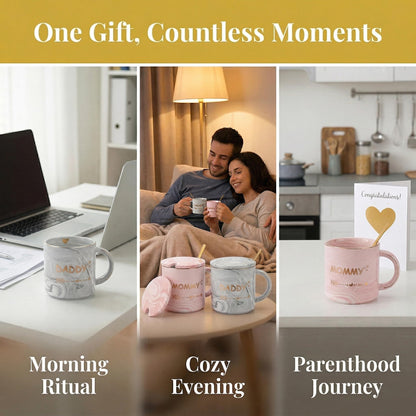 WUWEOT 2 Pack Dad and Mom Coffee Mug Set for Parents to be, New Mom and First Time Pregnancy Gifts for Christmas, Marble Ceramic Coffee Cup Set with Gift Box, Lid, Spoon (10OZ)