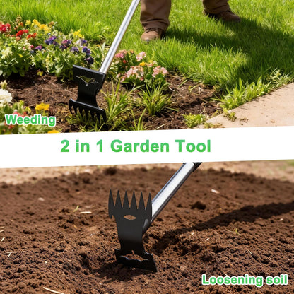 Weed Puller Tool with Long Handle，Adjustable Long Manual Weeder Remover Tool，2 in 1 Hand Weed Rake and Garden Hoe for Gardening, Uprooting Weeding Tool for Yard, Lawn, Patio, Garden