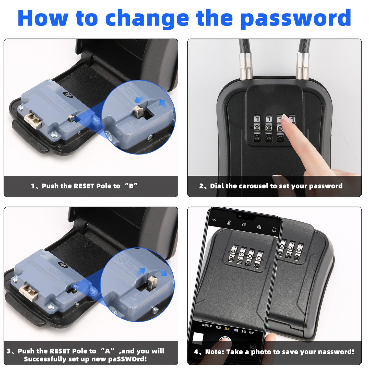 AMMIY Key Lock Box,Portable Waterproof Lockbox with Removable Shackl, Wall-Mounted Key Storage Box, 4-Digit Combination Key Storage Lockbox for Home,Office,Garage, Airbnb,Apartment (BLACK)