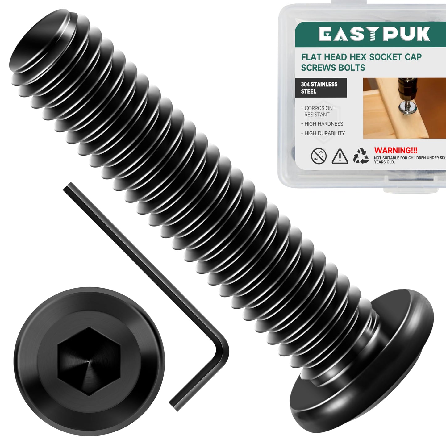 EASTPUK 20Pcs M10-1.5 x 40mm Flat Head Socket Cap Screws Bolts 304 Stainless Steel Black Zinc Plated Furniture Bolts, Fully Threaded M10 Bolt with Hex Spanner
