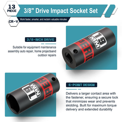 Aiourx 13 Piece 3/8" Drive Impact Socket Set, 7 mm-19 mm Deep Socket, Metric, 6-Point CR-V Steel, Automotive, Machinery, and Equipment Maintenance