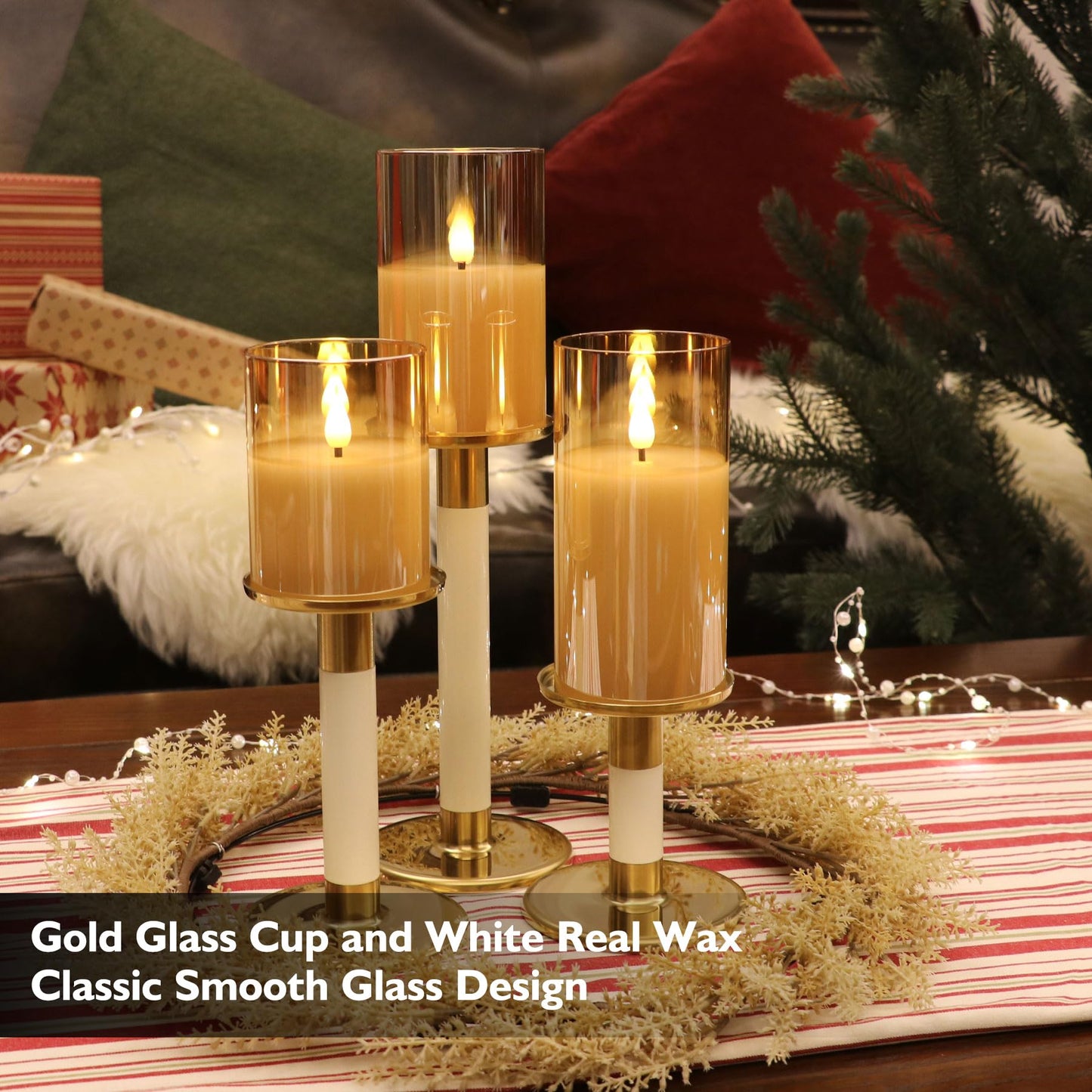Rhytsing Gold Glass Battery Operated Candles with Remote, Flameless LED Candle Gift Set, Warm White Light, Batteries Included - Set of 3