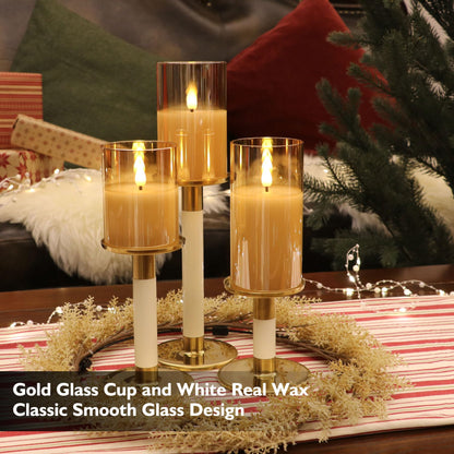 Rhytsing Gold Glass Battery Operated Candles with Remote, Flameless LED Candle Gift Set, Warm White Light, Batteries Included - Set of 3