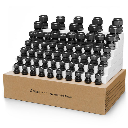 VCELINK 60Pcs IP68 Waterproof Cable Gland Kit - PG7/9/11/13.5/16/19 Thread, Adjustable for 3-18mm Cable Diameter, Black Nylon Cord Grip Connectors, Black