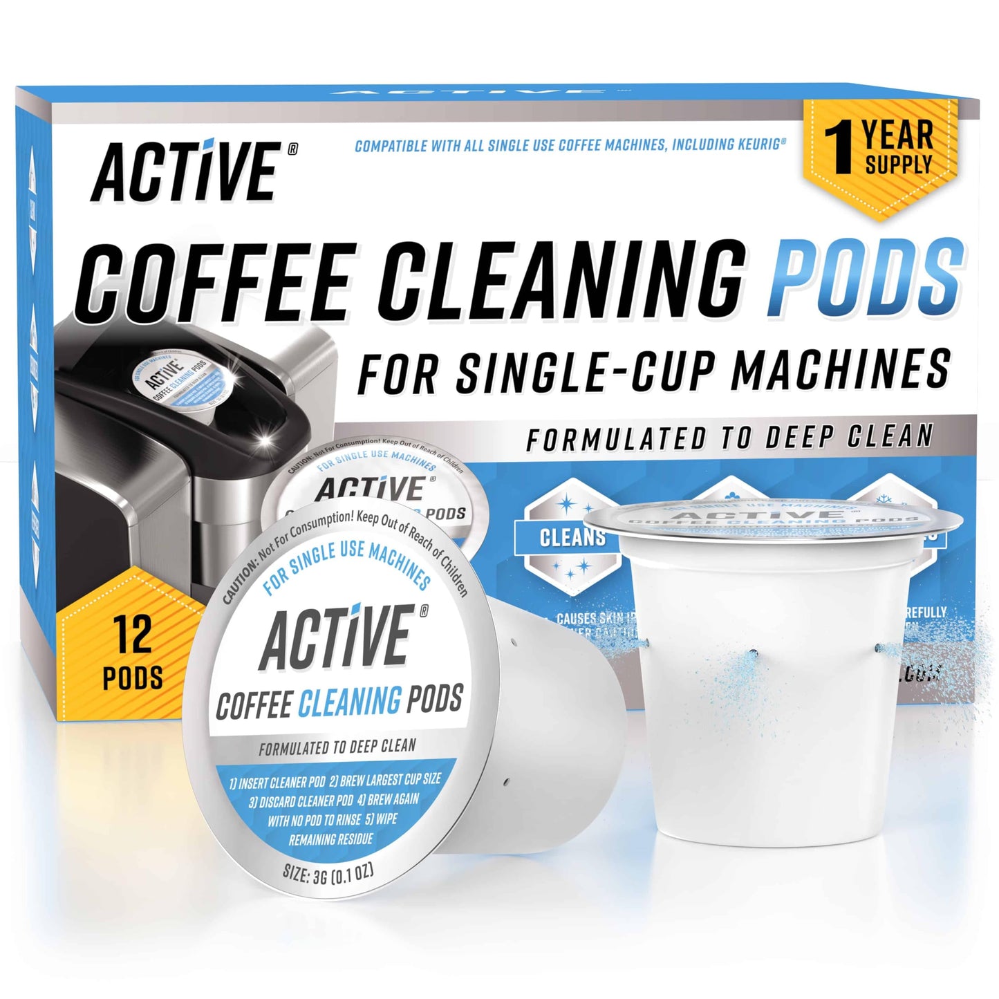 ACTIVE K-Cup Compatible Keurig Cleaning Pods - Quick-Rinse Cleaners for Single Serve Coffee Machine, 12 Month Coffee Maker Cleaner Kit, Brewer Clean Cups for Keurig 1.0, 2.0, Mini Machines - 12 Pack