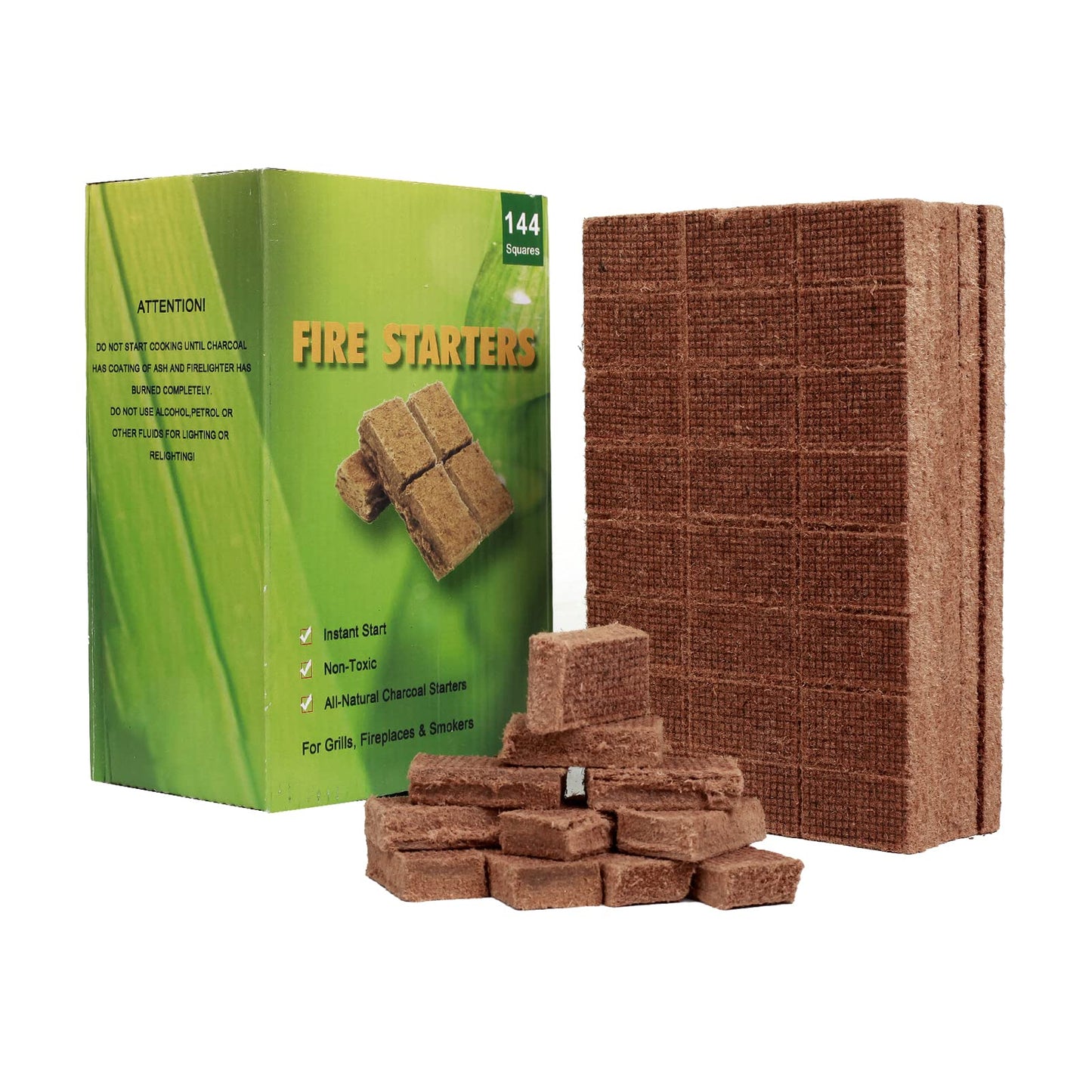 Bbcuepro All Natural Charcoal Fire Starters - 144 PCS Cubes Lightning Fast Lighters for Barbecue Grill, BBQ Charcoal, Campfire, Fireplace, Wood Stove, Smoker and More