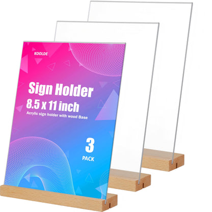 3 Pack Acrylic Sign Holder 8.5x11 with Wood Base L/T Shape 2 in 1 Acrylic Frame Wood Sign Holder Display Stand for Restaurant, Wedding, Office