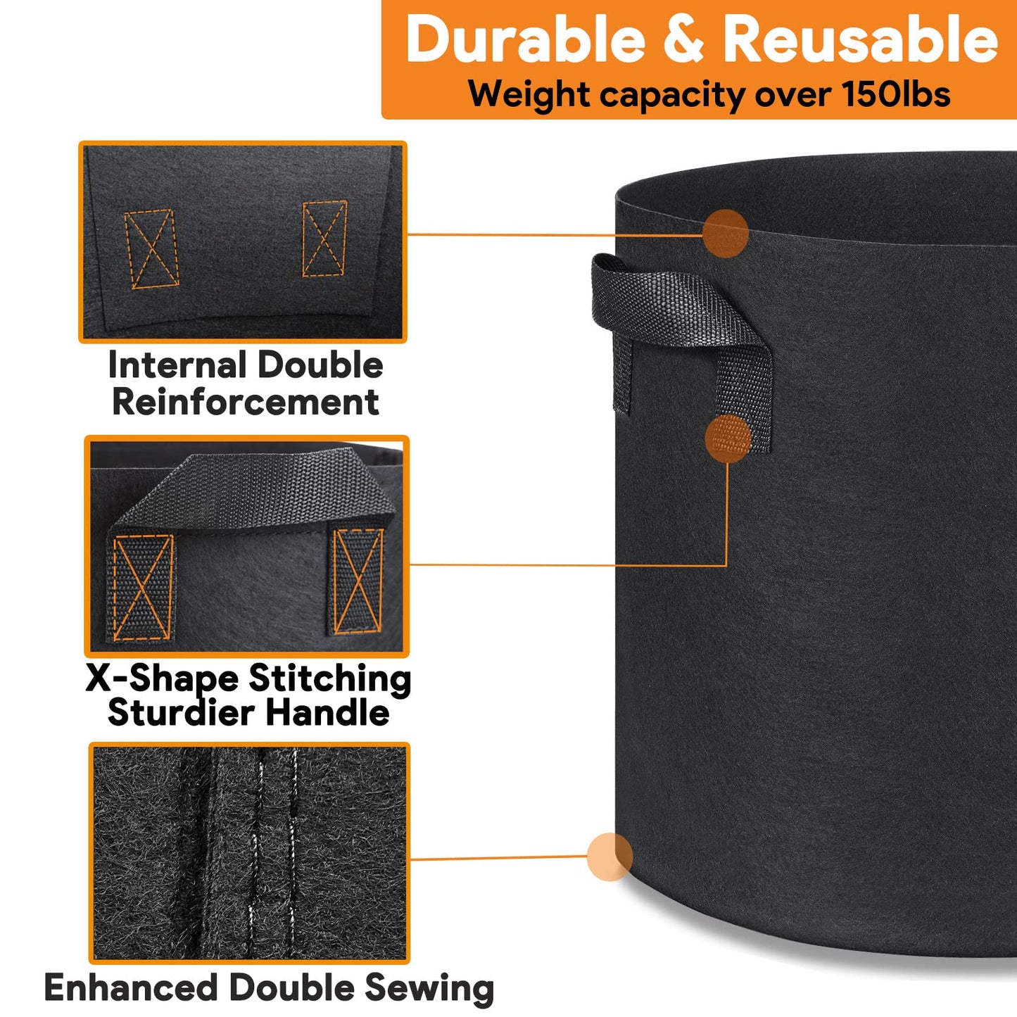 CGLEAM Grow Bags 10 Gallon 5 Pack Large Fabric Pots Heavy Duty 300g Thickened Nonwoven Grow Bags with Handles for Vegetables Fruits Flowers Plants Indoor Outdoor(16" Dia x 12" H)