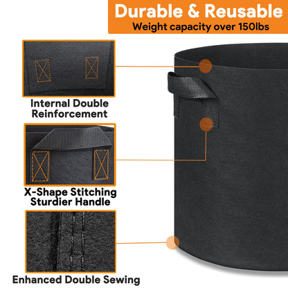 CGLEAM Grow Bags 10 Gallon 5 Pack Large Fabric Pots Heavy Duty 300g Thickened Nonwoven Grow Bags with Handles for Vegetables Fruits Flowers Plants Indoor Outdoor(16" Dia x 12" H)