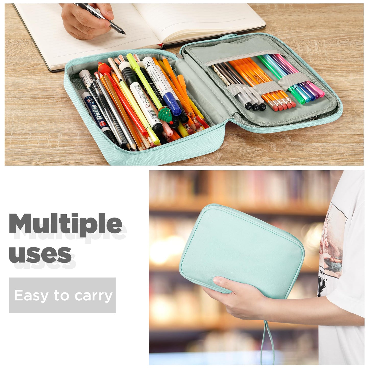 Zannaki Big Capacity Storage Pouch Marker Pen Pencil Case Simple Stationery Bag Holder for Bullet Journal Middle High School Office College Student Girl Women Adult Teen (Mintgreen)