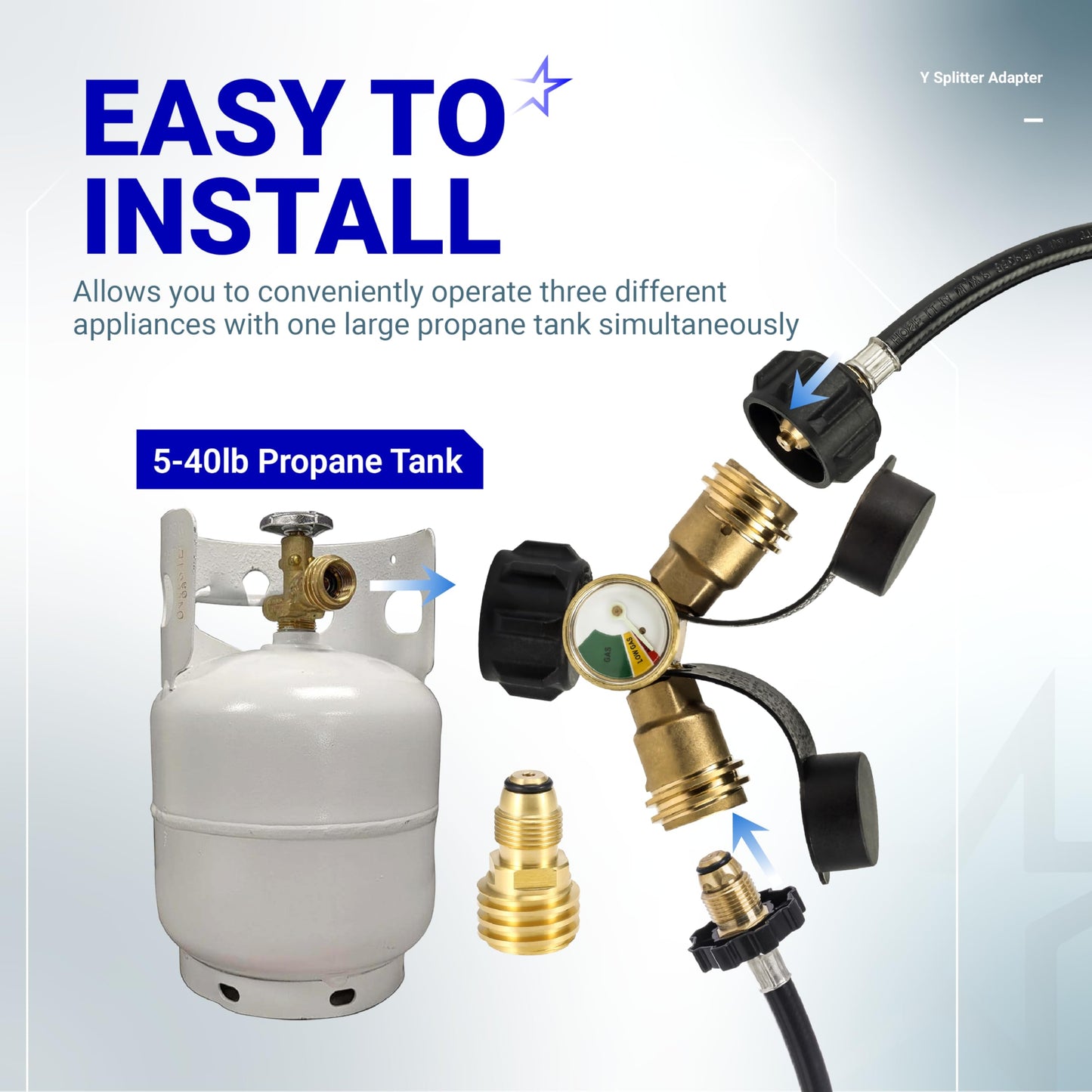 BlueStars Upgraded Dual Propane Tank Connection, Propane Tank Y Splitter Adapter with Gauge, Level Indicator - Gas Pressure Meter for for 5-40lb Propane Tank RV Camper Cylinder BBQ Grills Stoves