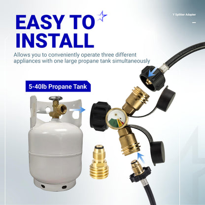 BlueStars Upgraded Dual Propane Tank Connection, Propane Tank Y Splitter Adapter with Gauge, Level Indicator - Gas Pressure Meter for for 5-40lb Propane Tank RV Camper Cylinder BBQ Grills Stoves