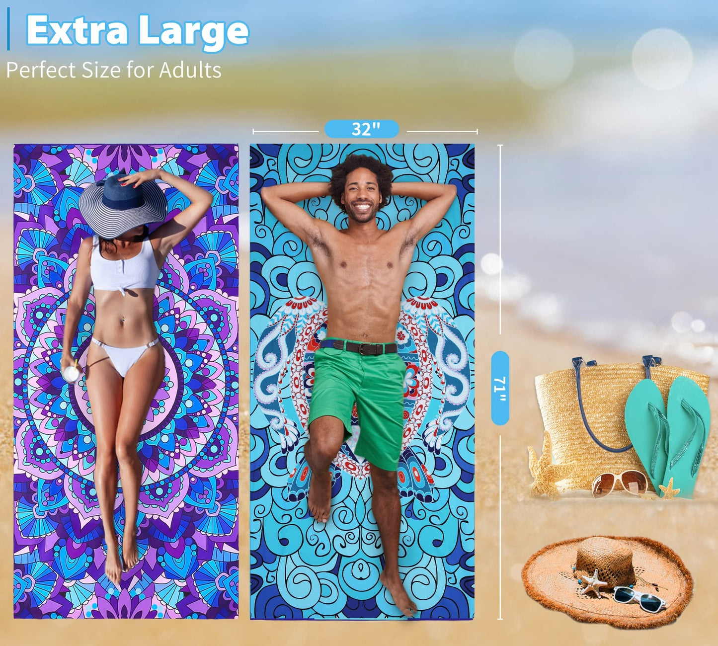 2 Pack Microfiber Oversized Lightweight Beach Towel 71"x32" Extra Thin Large Sand Free Towels Travel Swim Pool Yoga Gym for Adults Women Men Beach Essentials Accessories Vacation Gift