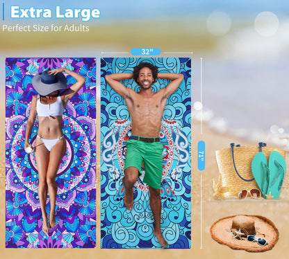 2 Pack Microfiber Oversized Lightweight Beach Towel 71"x32" Extra Thin Large Sand Free Towels Travel Swim Pool Yoga Gym for Adults Women Men Beach Essentials Accessories Vacation Gift