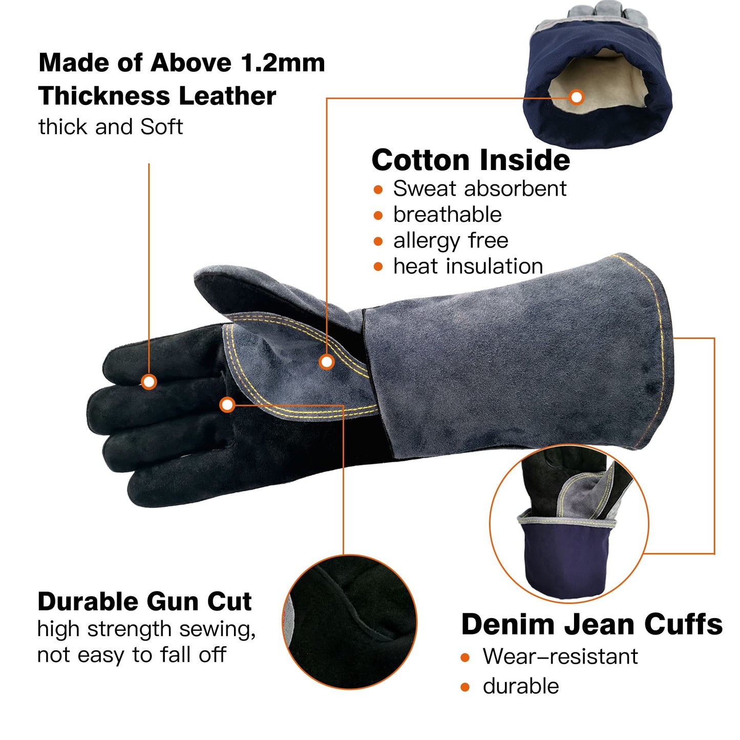 WZQH 16 Inches,932℉,Leather Forge Welding Gloves, Heat/Fire Resistant,Mitts for BBQ,Oven,Grill,Fireplace,Tig,Mig,Baking,Furnace,Stove,Pot Holder,Animal Handling Glove.Black-Gray