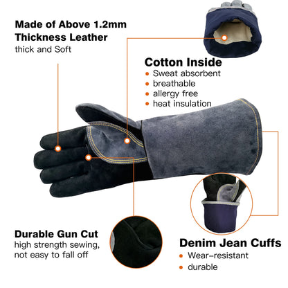 WZQH 16 Inches,932℉,Leather Forge Welding Gloves, Heat/Fire Resistant,Mitts for BBQ,Oven,Grill,Fireplace,Tig,Mig,Baking,Furnace,Stove,Pot Holder,Animal Handling Glove.Black-Gray