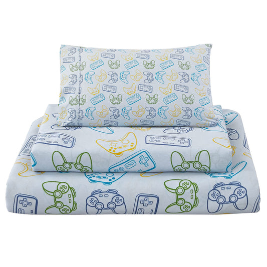 Viviland Kids Twin Single Sheet Set - Boys Game Twin Single Sheet Set - Kids Boys Twin Single Microfiber Fitted Sheet (15" deep Pocket) Flat Sheet - Light Grey Game Paddle Controller Printed
