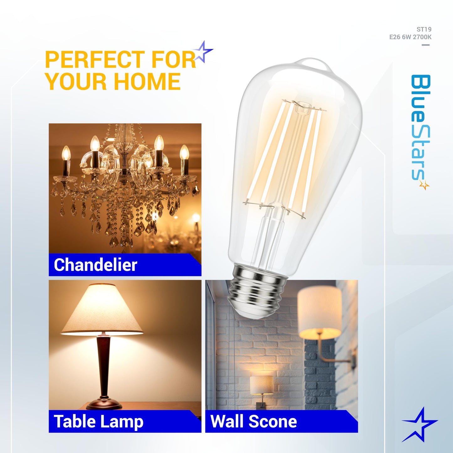 BlueStars Vintage ST58 ST19 LED Filament E26 Medium Base Edison Light Bulbs, 120V 60W Equivalent, 2700K Warm White 650 lumens for Ceiling Fixture, Chandelier and Pendant, 6-Pack