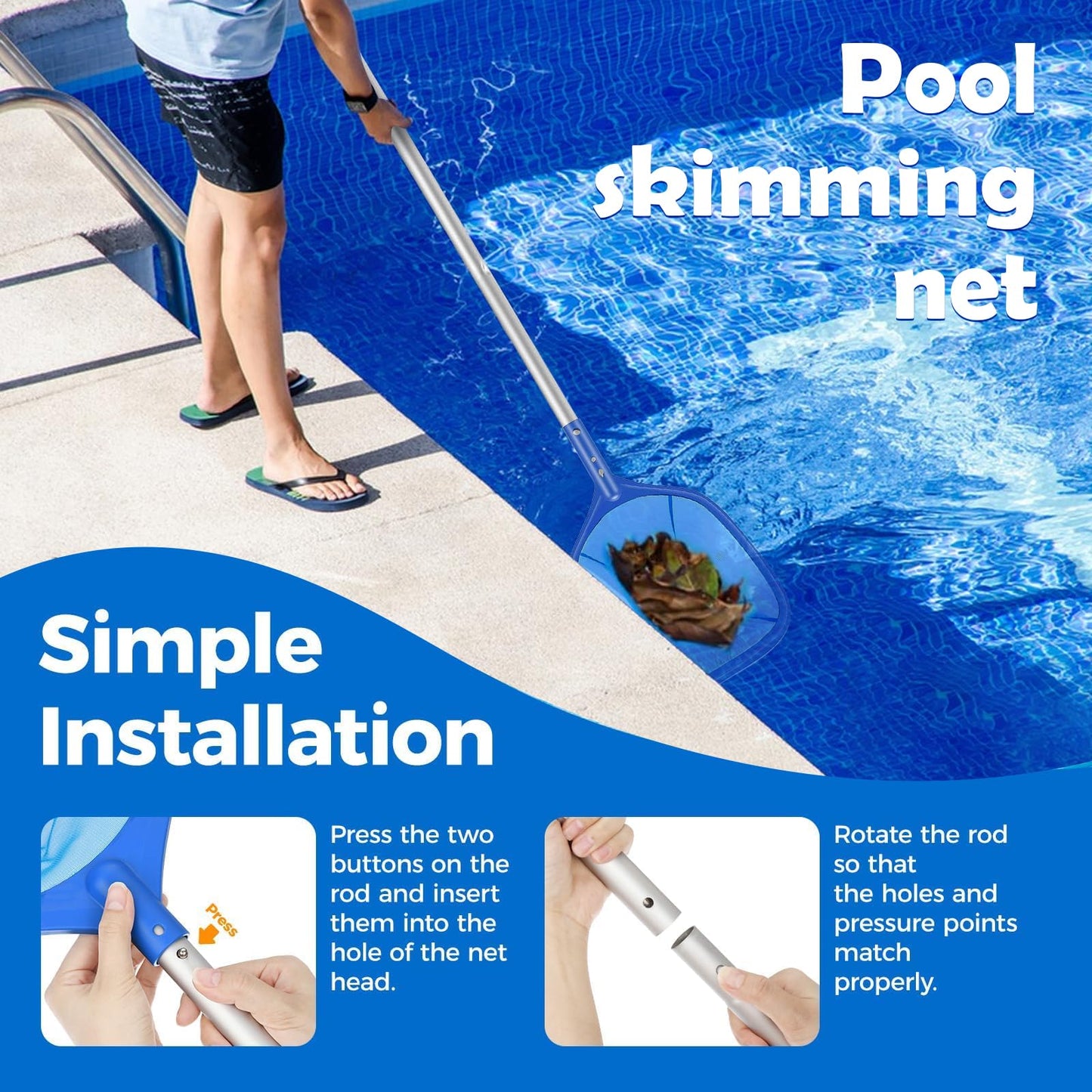 7.22ft Pool Skimmer Net with 5-Section Detachable Intensify Aluminum Handle Ploe Fine Mesh Rake Swimming Pool Leaves Cleaning Net for Swimming Pool Pond Hot Tub Fountain Aquarium Spa Tank