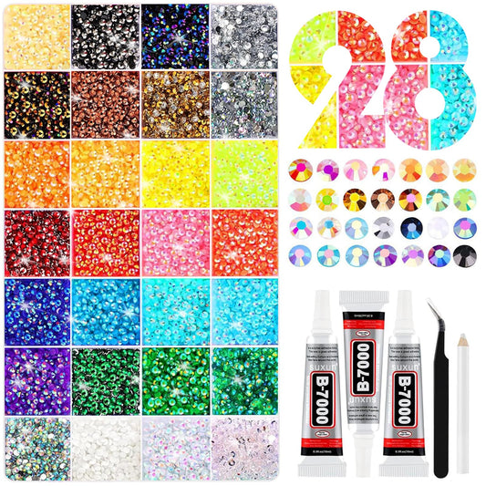 28 Colors Resin Jelly Rhinestone Bedazzling Kit, 3mm 30,000 Decorative Rhinestones for Bedazzling with 3 B7000 Glue Adhesives for Decorating Clothing, Shoes, Nails, and Crafting Tools