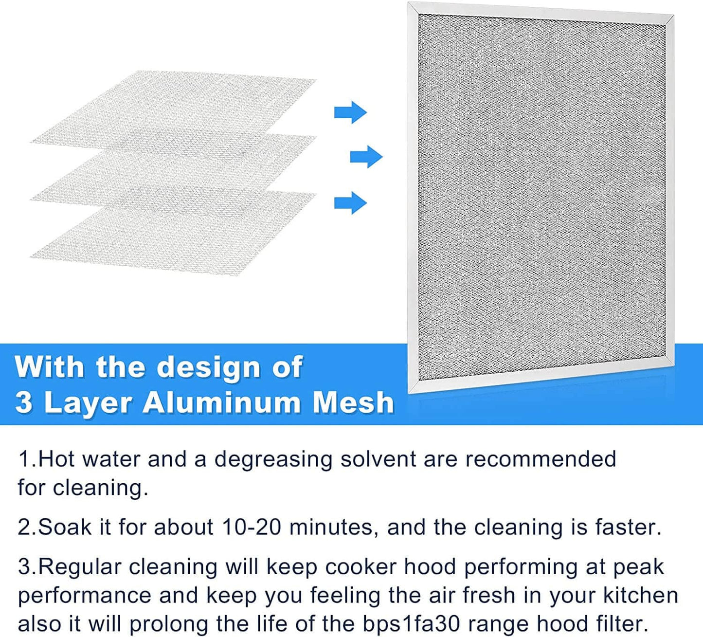 BPS1FA30 Replacement Filter for Broan QS1 & WS1 Range Hoods - Aluminum, 11-3/4’’ x 14-1/4’’ x 3/8’', 2 Pieces, Efficient Vent Grease Filters