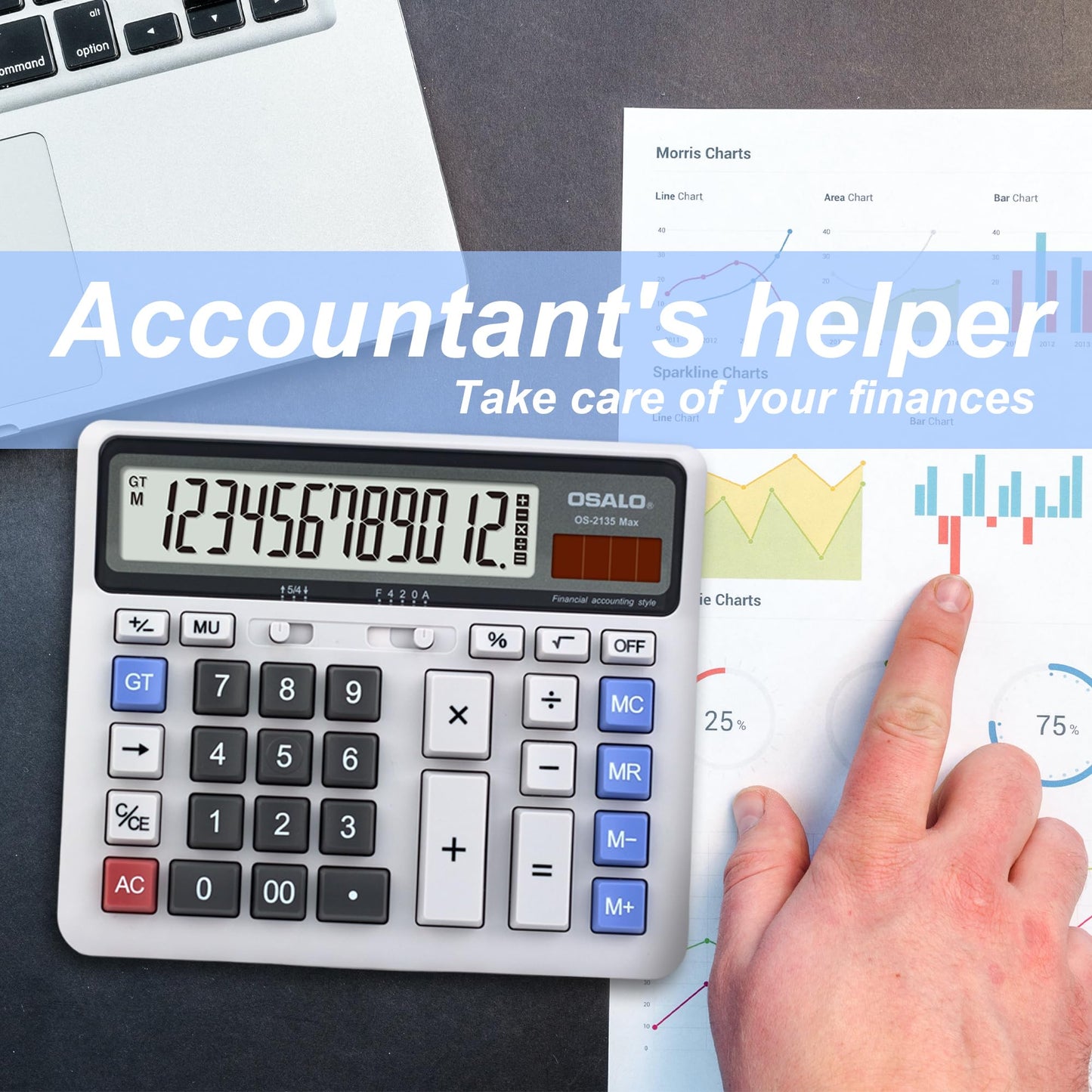 Desktop Calculator Extra Large LCD Display 12-Digit Big Number Accounting Calculator with Giant Response Button, Battery & Solar Powered, Perfect for Office Business Home Daily Use(OS-2135CA)