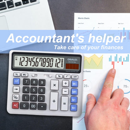 Desktop Calculator Extra Large LCD Display 12-Digit Big Number Accounting Calculator with Giant Response Button, Battery & Solar Powered, Perfect for Office Business Home Daily Use(OS-2135CA)