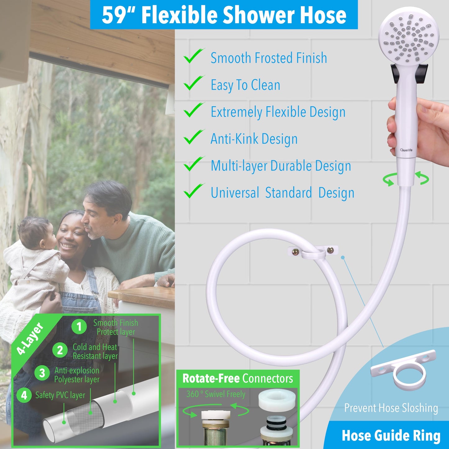RV Shower Head with Hose and On Off Switch (Trickle), Water Saving High Pressure Shower Head with Hose Guide Ring, Shower Holder for RV, Camper, Van, Travel Trailer, Motorhome, Boat, White