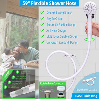 RV Shower Head with Hose and On Off Switch (Trickle), Water Saving High Pressure Shower Head with Hose Guide Ring, Shower Holder for RV, Camper, Van, Travel Trailer, Motorhome, Boat, White