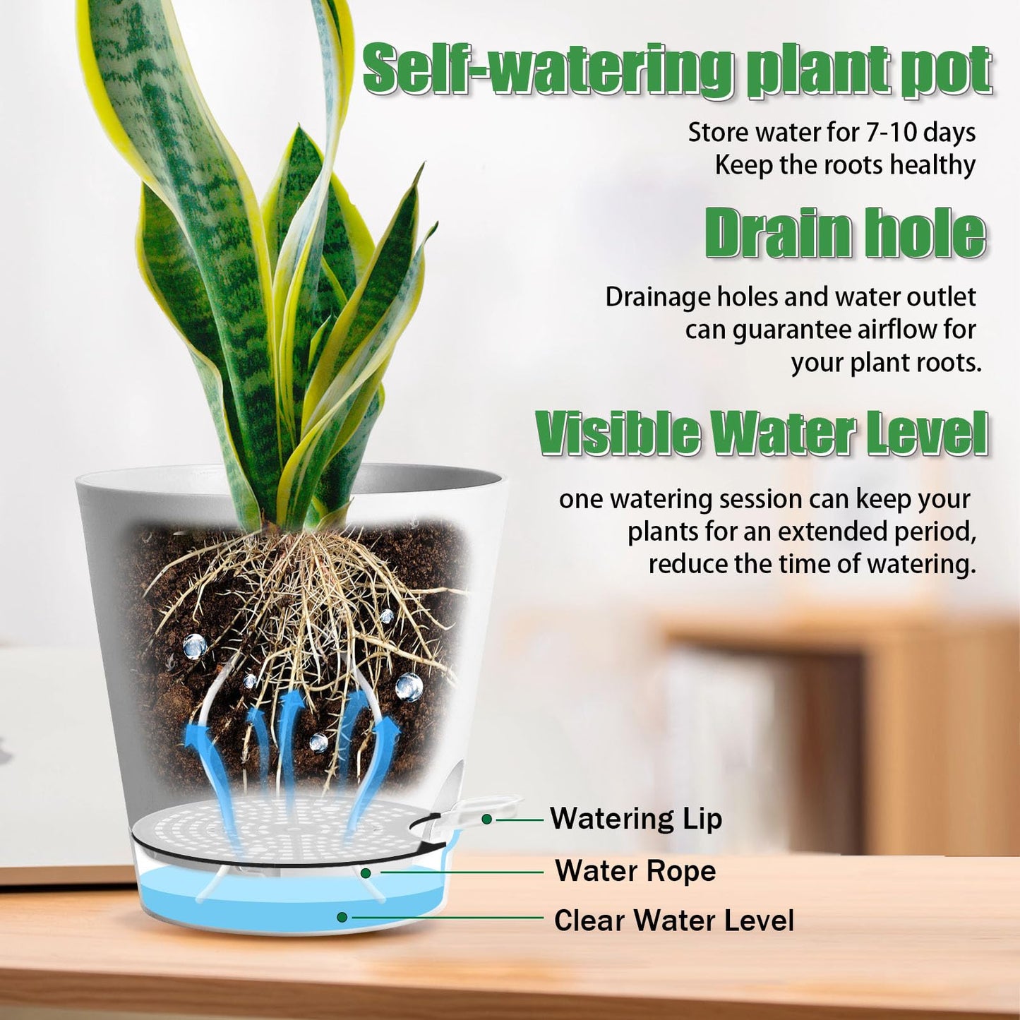 6 Pack Plant Pots with Clear Reservoirs 7/6.5/6/5.5/5/4 Inch Self Watering Planters for Indoor Plants Visible Water Level Flower Pots Rope and Drainage Holes for Home Garden(White)