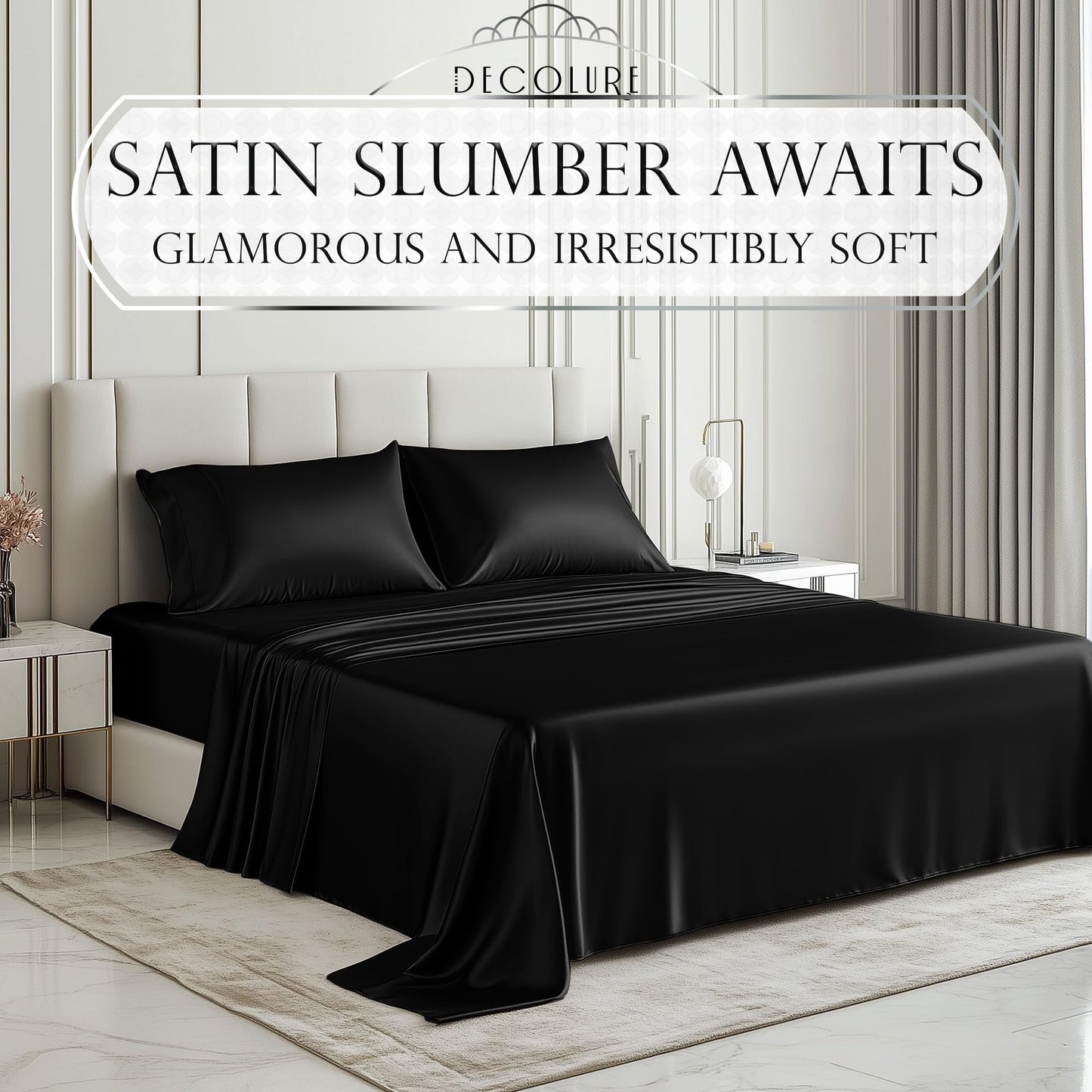 DECOLURE Satin Bed Sheets - 4 Piece Luxury Silky King Size Bedding Set - Softer Than Silk, Wrinkle-Free with 15” Deep Pocket Fitted Sheet, Perfect for Hair & Skin, Gifts for Women (Black)