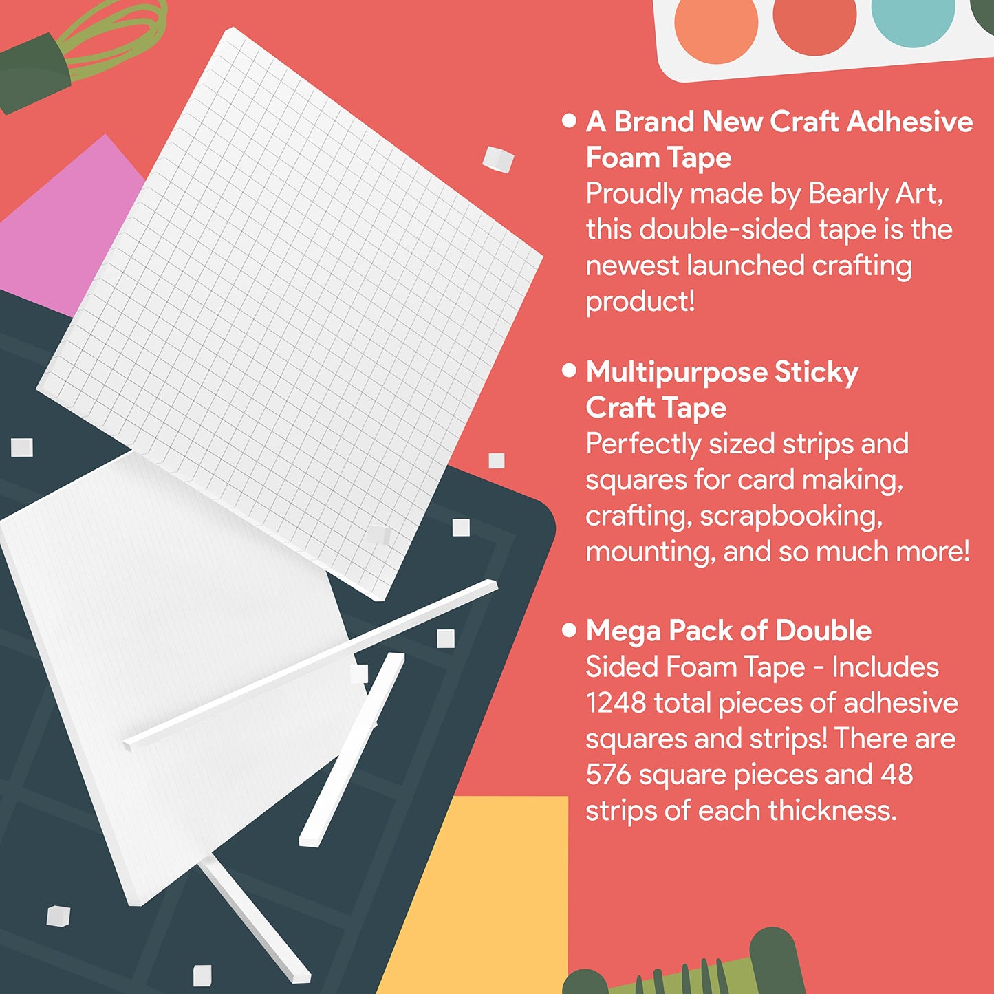 Bearly Art CUBIES The Polar Collection - Acid Free Adhesive Foam Tape for DIY Arts and Crafts - Double Sided Tape - Mega Pack with 1248 Total Pieces - Precut Squares & Strips - Precision Sticky