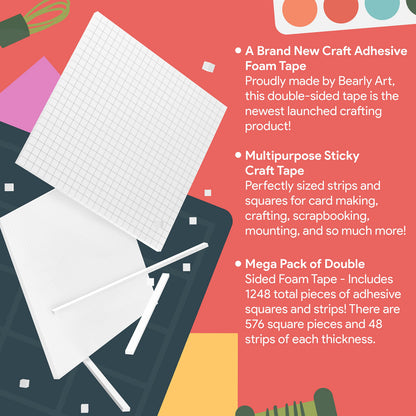 Bearly Art CUBIES The Polar Collection - Acid Free Adhesive Foam Tape for DIY Arts and Crafts - Double Sided Tape - Mega Pack with 1248 Total Pieces - Precut Squares & Strips - Precision Sticky