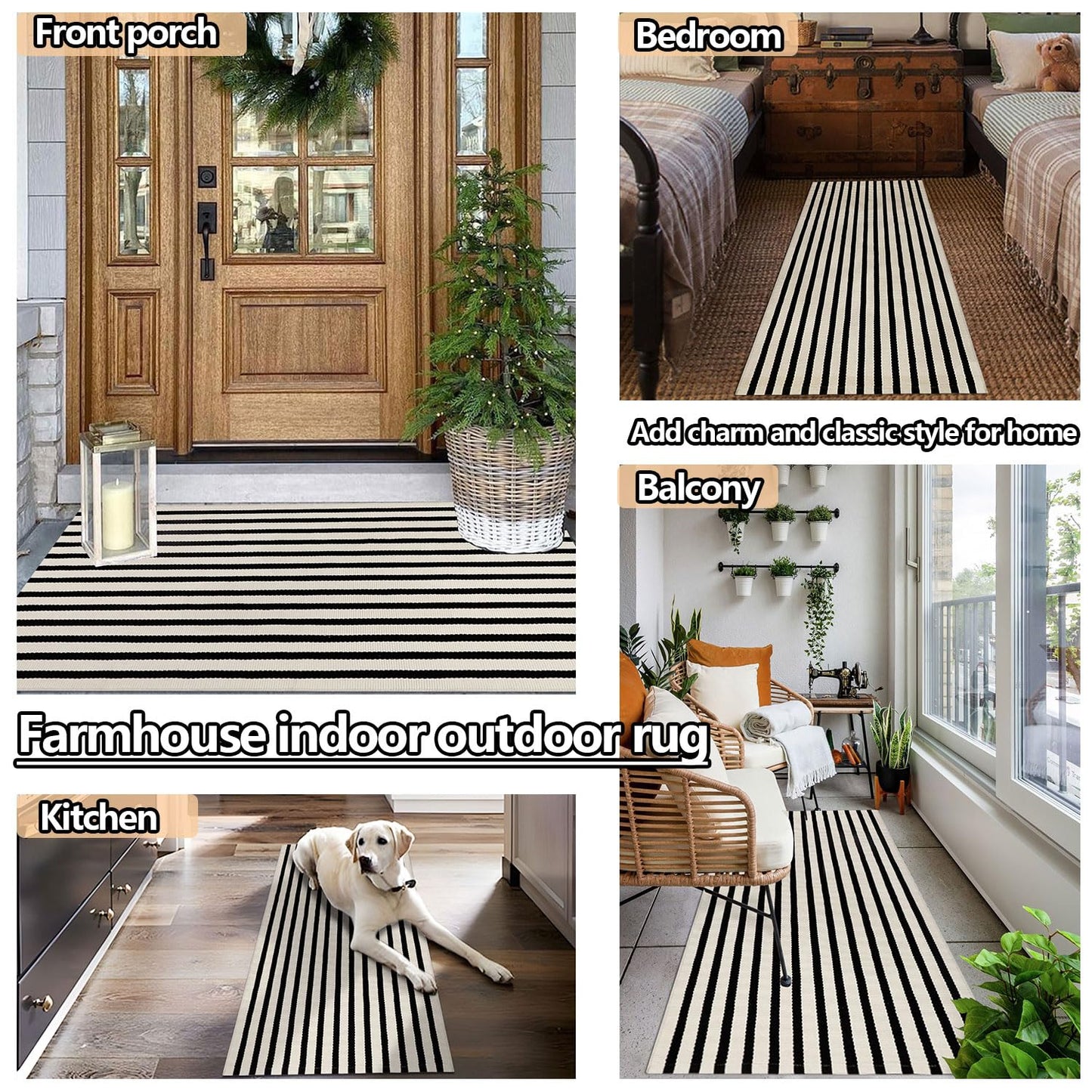 Rustaa Black and Beige Front Door Mat Outdoor Cotton Welcome Mat Outdoor Farmhouse Layered Mat Washable Stripe Outdoor Mats for Entrance Front Door Porch Balcony(2x4.2ft)