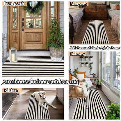 Rustaa Black and Beige Front Door Mat Outdoor Cotton Welcome Mat Outdoor Farmhouse Layered Mat Washable Stripe Outdoor Mats for Entrance Front Door Porch Balcony(2x4.2ft)