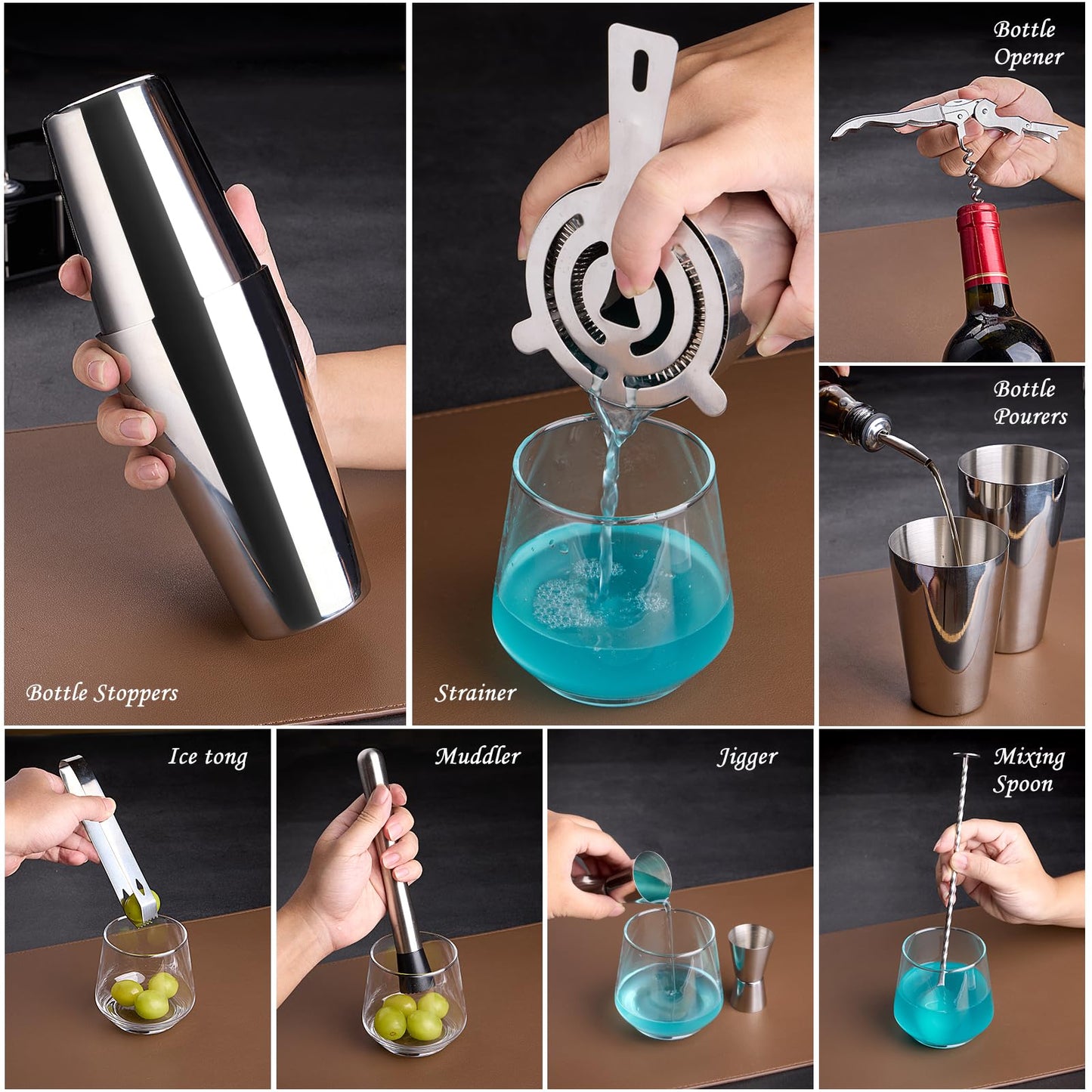 Wukuna 15-Piece Silver Bartender Kit: Premium Stainless Steel Bar Tool Set with Acrylic Stand & Recipe Book, for Home, Lounge & Party