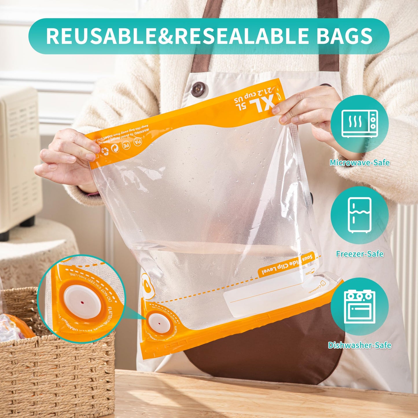 Vacuum Sealer for Food, Reusable Sous Vide Bags with Air Valve, PA&PE Material Long-lasting Freshness for Cooking, Food Storage(10.2 * 13.4in 20pcs）