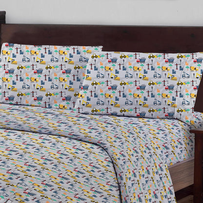 Softan Kids Bed Sheet Set, 3-Piece Twin Sheets Set, Microfiber Fitted Sheet with 15 Inches Deep Pocket and Corner Straps, Breathable & Silky Soft Excavator Pattern Sheet and Pillowcase Sets