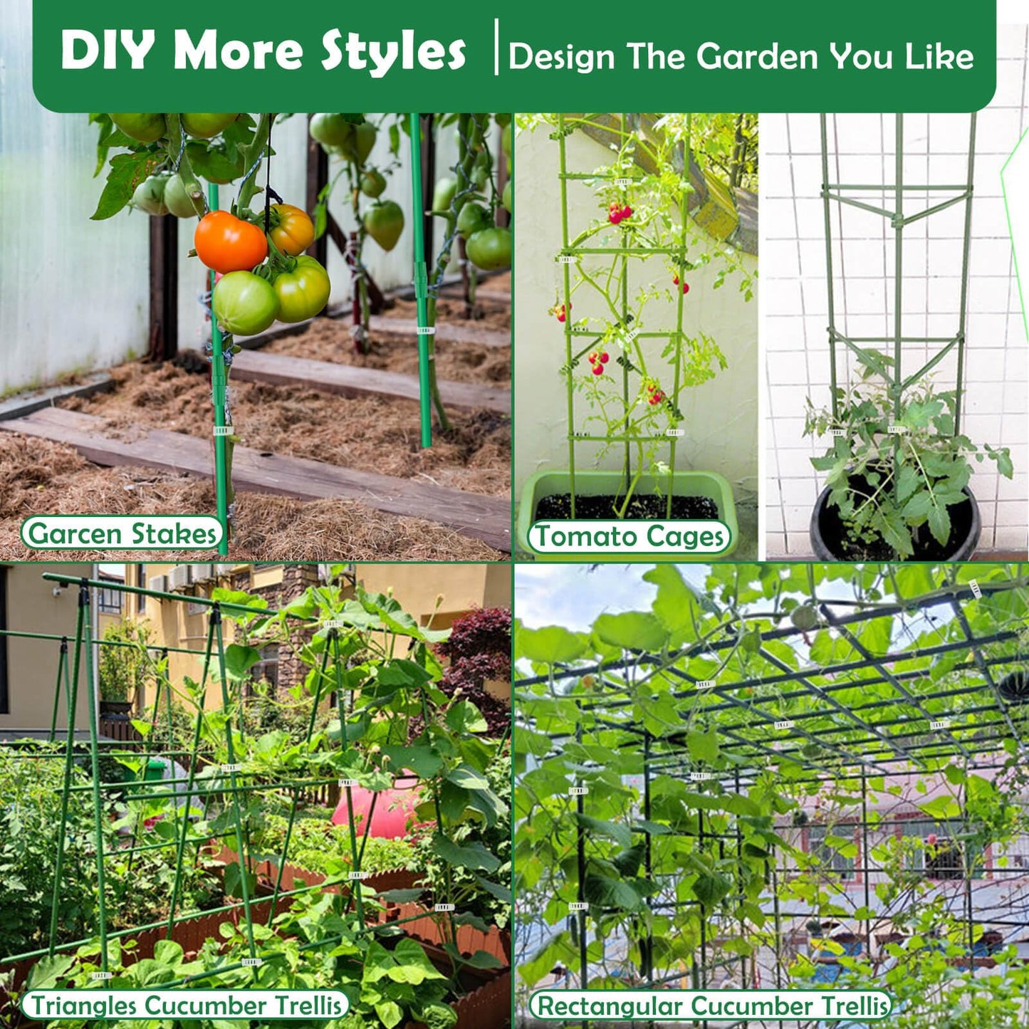 Cludoo Garden Stakes Set with 30 Sets Fiberglass Plant Stakes Sticks Supports and Accessories, DIY 4ft 5ft 6ft 7ft Tomato Stakes for Vegetables, Tomato, Pepper, Fences Indoor Outdoor Plants