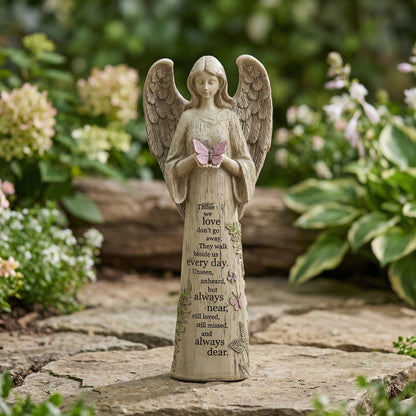 Resin Religious Garden Statue Standing Angel with Butterfly Statuary for Outdoor Decor, Polyresin, Antique Stone,10in